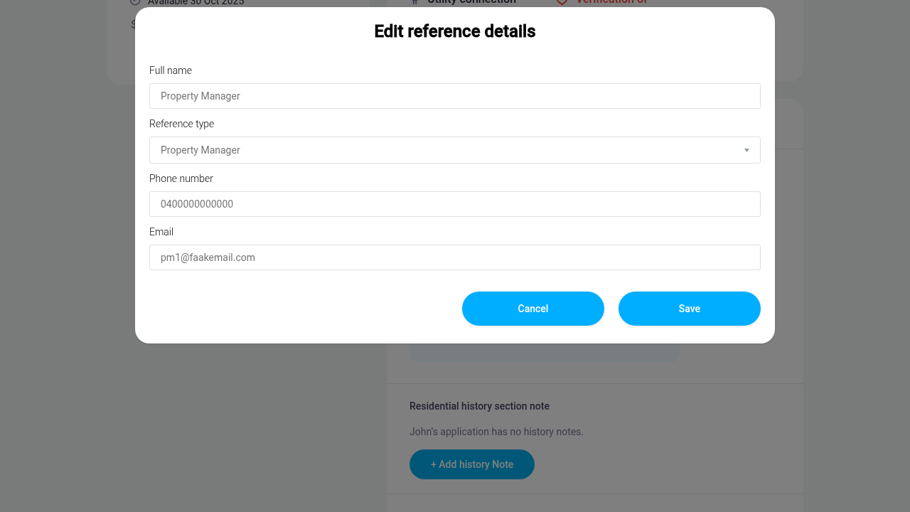 The Edit reference details modal showing the editable fields
