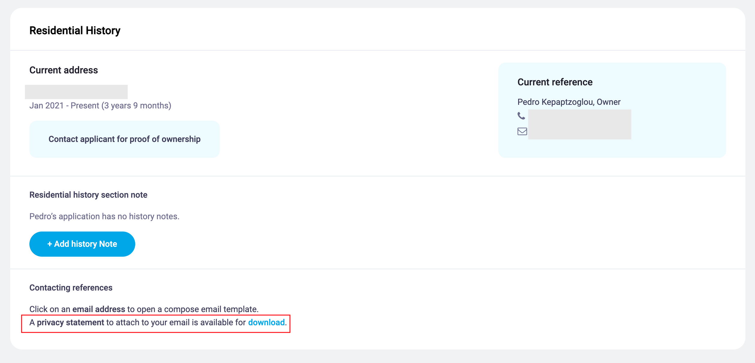 Privacy Consent form in the Residential History section of a completed application