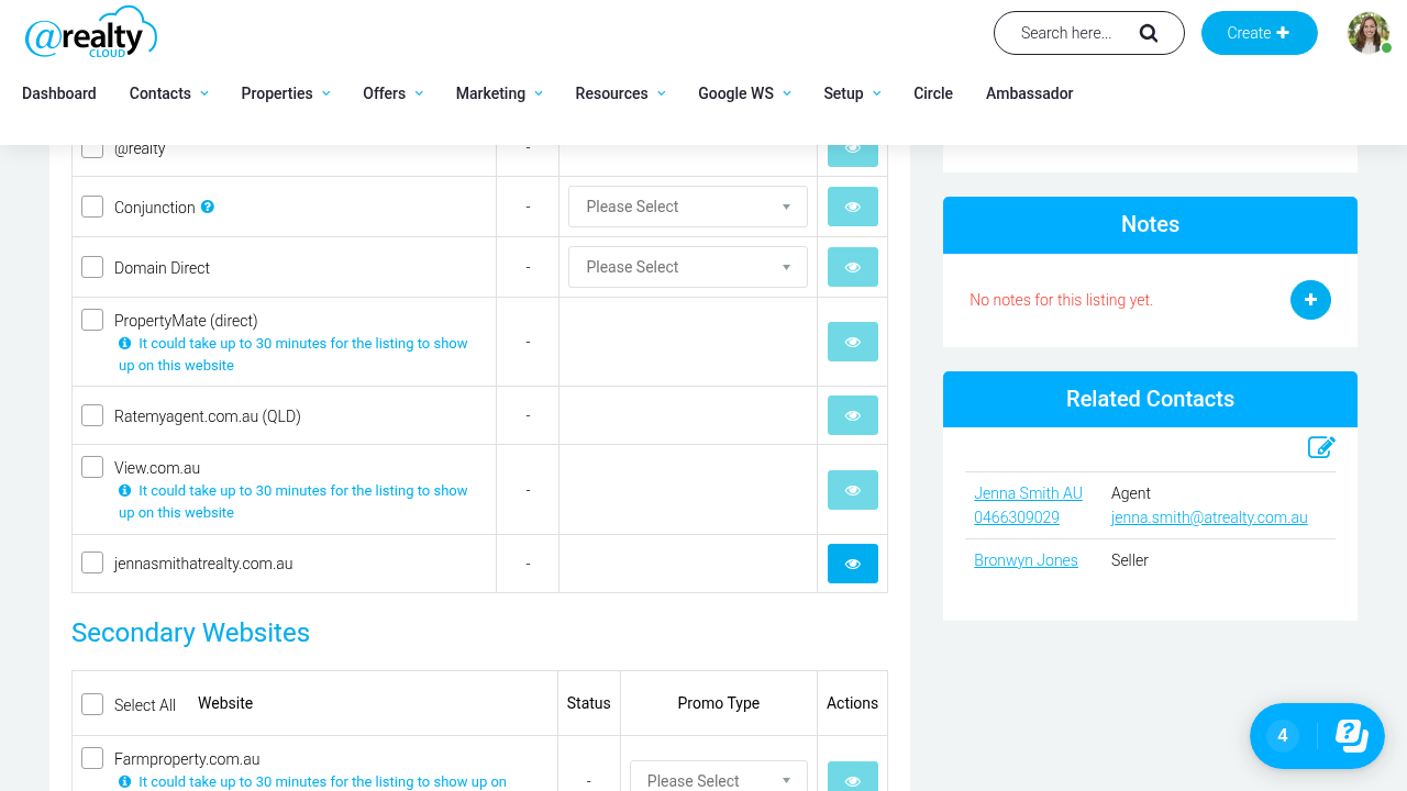 The PropertyMate (direct) row in the Primary Websites table on the Marketing tab