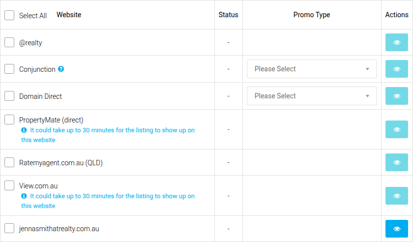 The PropertyMate (direct) row enabled on an active listing