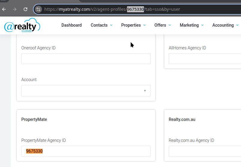 The PropertyMate Agency ID field on the SSO and Export tab