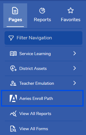 The Aeries Enroll Path link in the Aeries SIS Classic left navigation menu