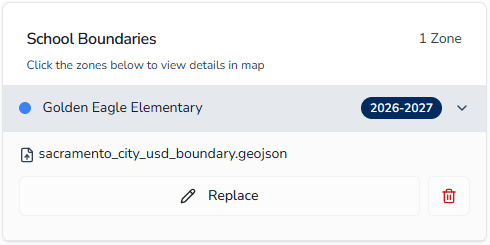 School Boundaries area showing a school with a custom boundary override
