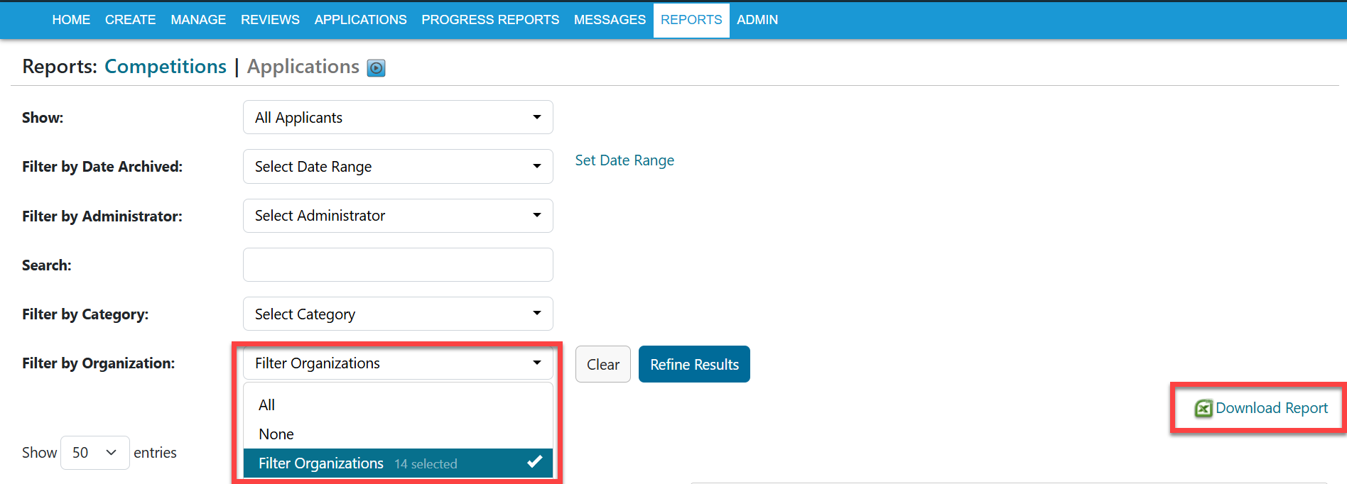 Administrator view of filtering Reports tab