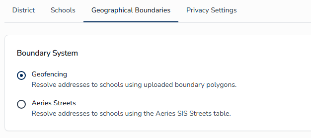 Boundary System setting on the Geographical Boundaries tab, showing Geofencing and Aeries Streets options