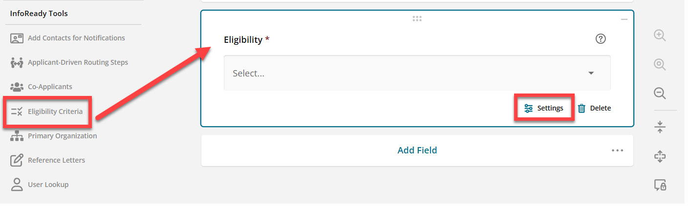Administrator view of adding Eligibility Criteria tool to the form. It is outlined in red with a red arrow.