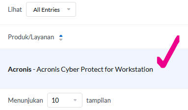 Langkah memilih layanan Acronis
