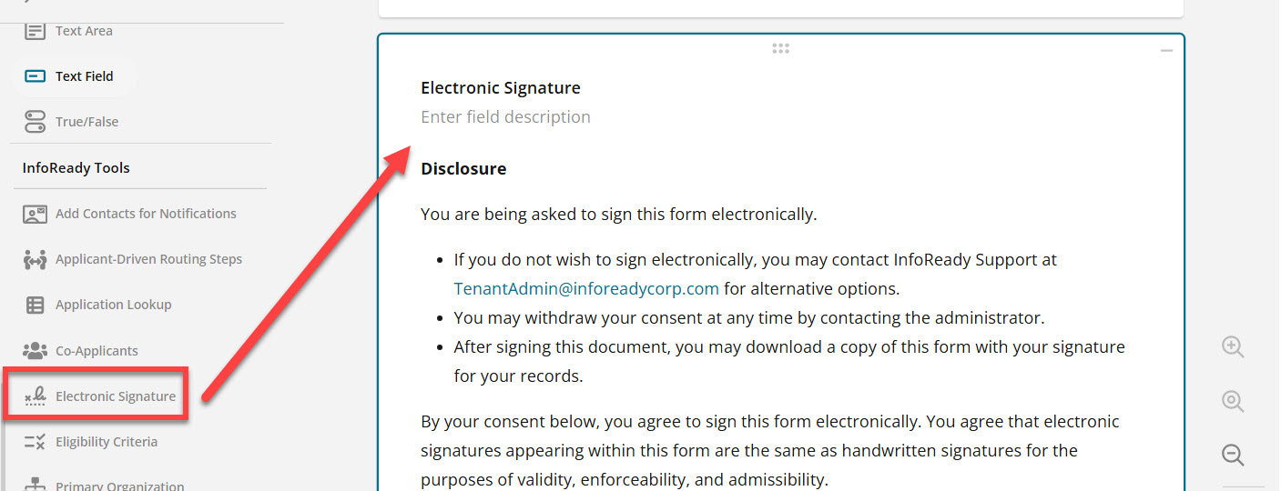 Administrator view of adding the Electronic Signature tool to the form