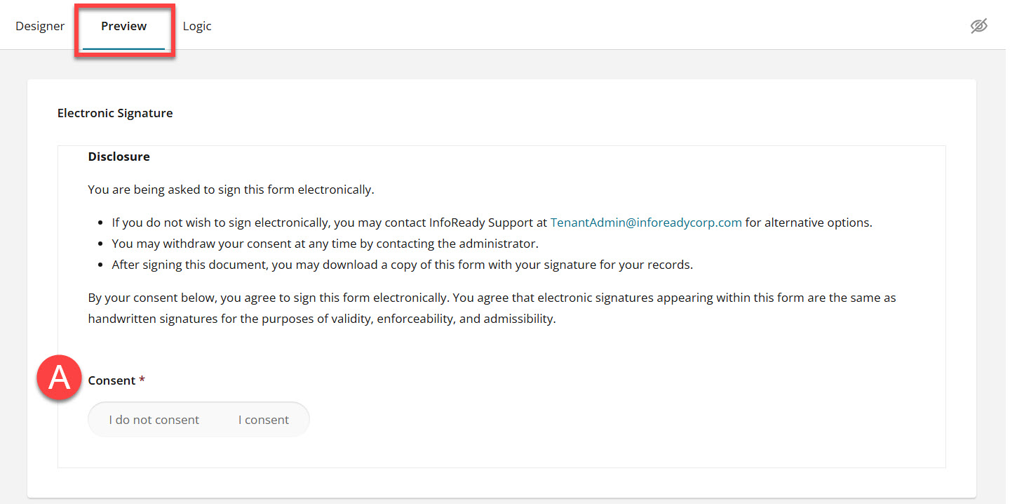 End user view of disclosure statement with red circle A next to the Consent question.