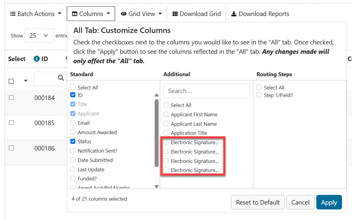 Administrator view of Data Grid with Electronic Signature fields outined in red.