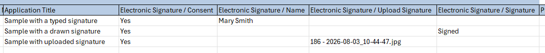 Admin view of Excel export that contains electronic signatures