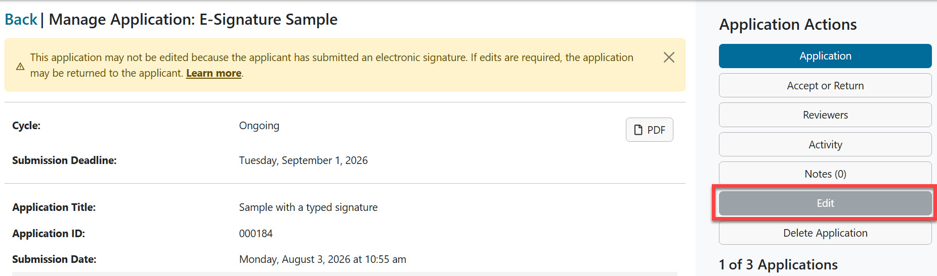 Admin view of an individual application view with yellow message at the top and the Edit button inactive.