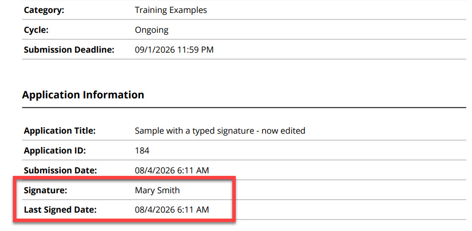 View of PDF with Signature and Last Signed Date outlined in red.