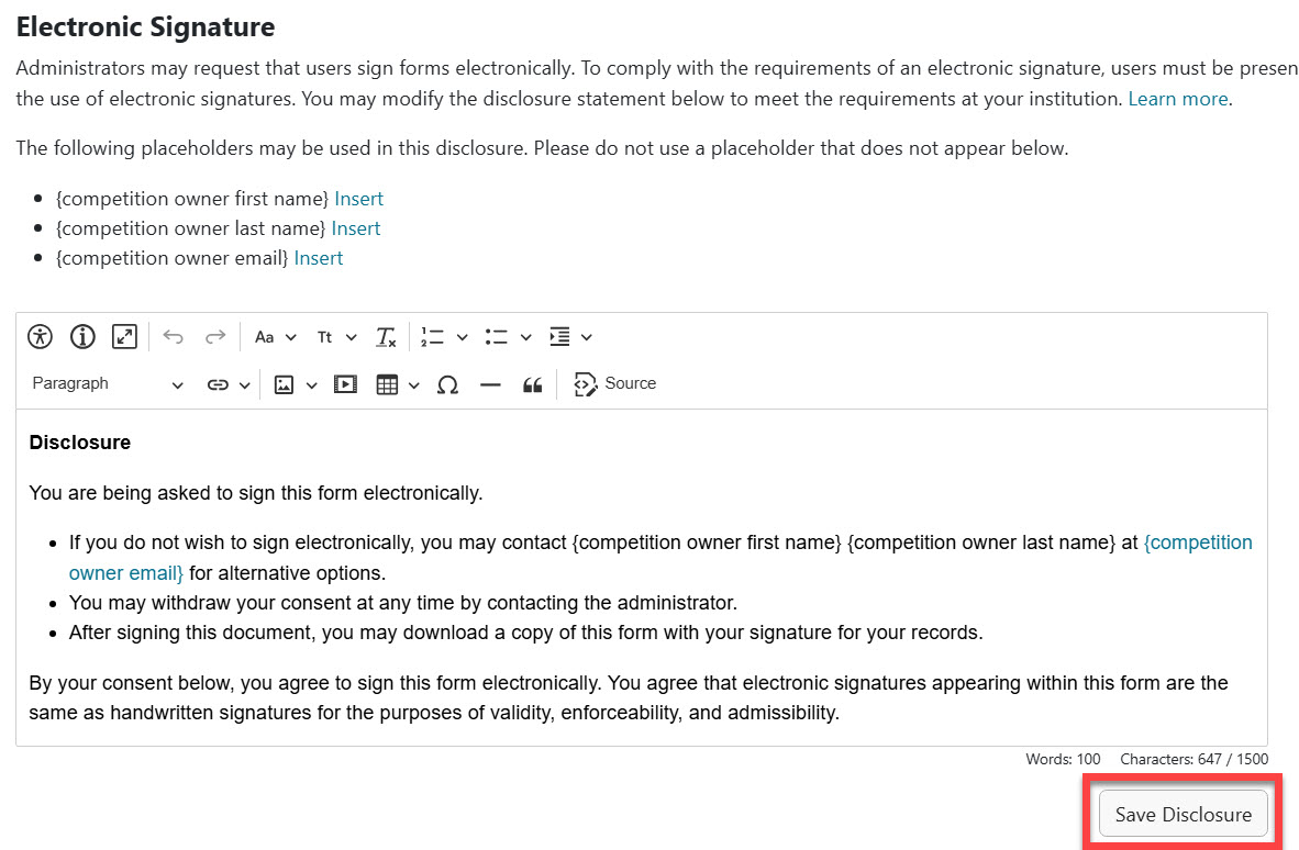 Administrator view of default disclosure text.