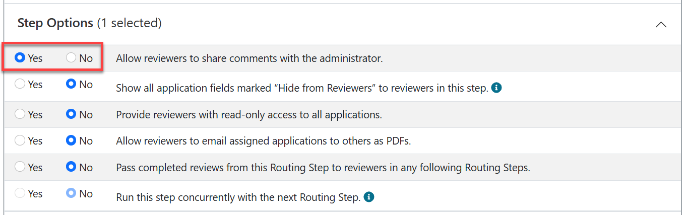 Administrator view of Comments to Administrator selection area. A red outline around two horizontal Yes/No radio buttons with Yes selected.