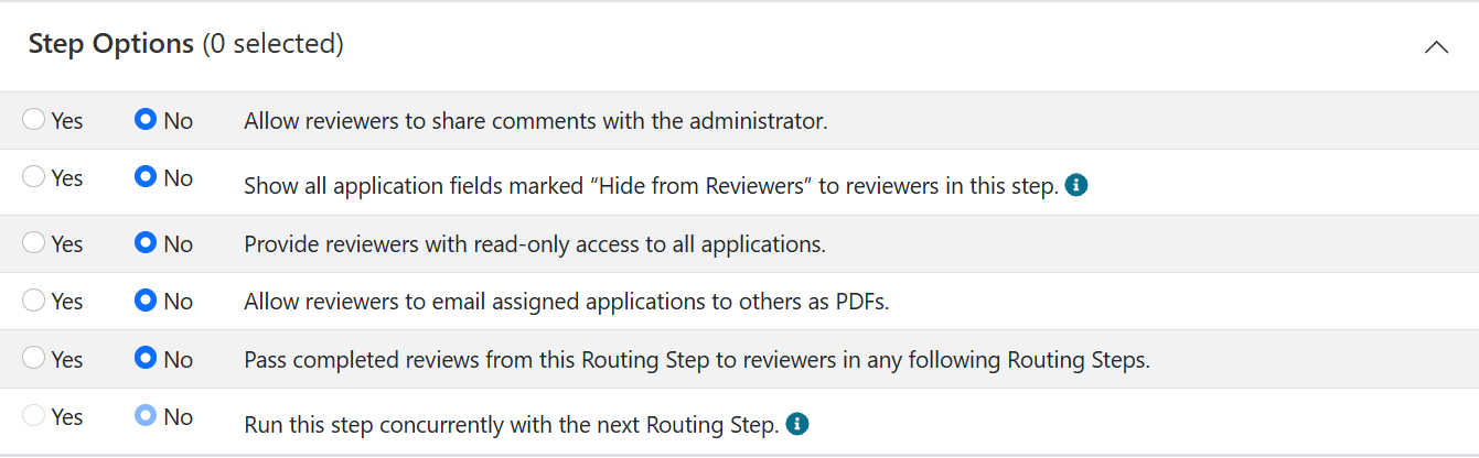 Admin view of routing step options checkboxes