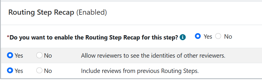 Admin view of routing step recap radio buttons with Yes and No choices