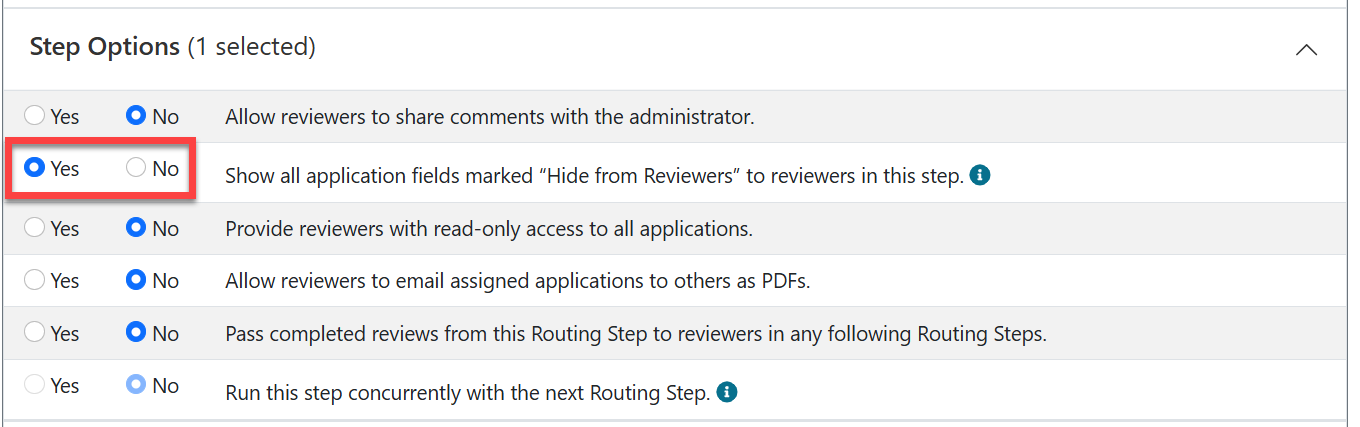 Admin view of Show all fields marked Hide from Reviewers" for this step.