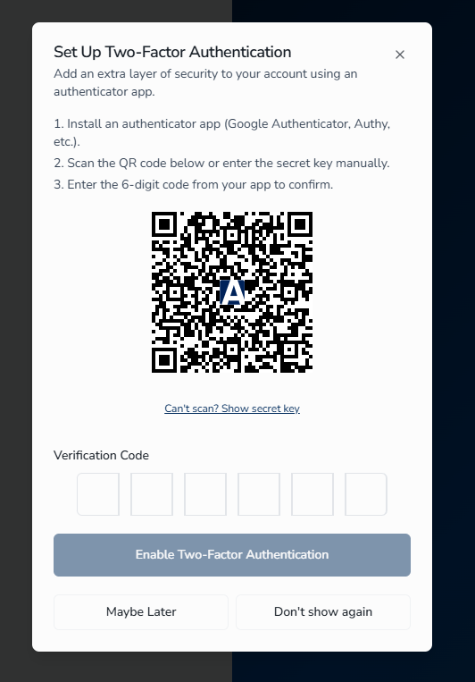 Set Up Two-Factor Authentication dialog with QR code and verification code field