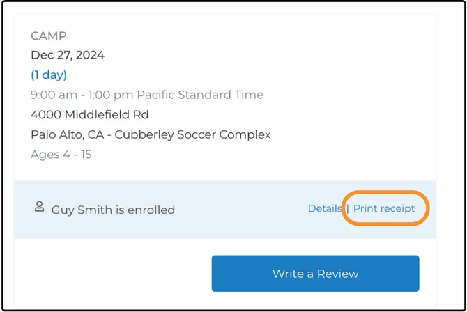 The registration detail screen showing the provider's tax ID and the Print Receipt link
