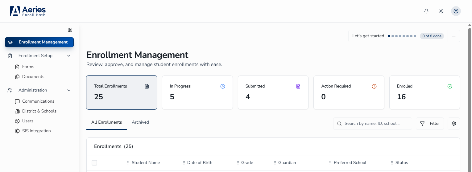 Sidebar navigation expanded showing the full Admin menu with all sections visible