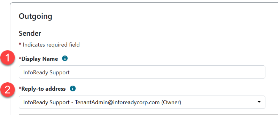 Screenshot of Outgoing notifications section showing the editable Display Name and Reply-to address fields