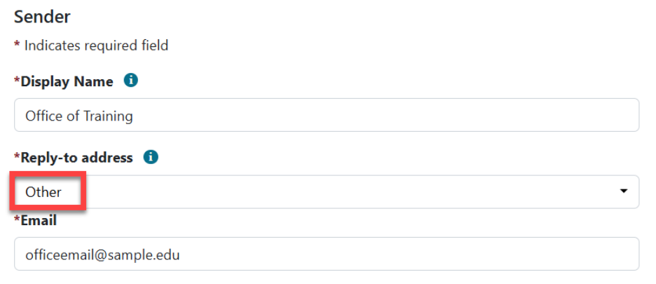 Shows the editable Display Name, Reply-to address (in red call out box), and Email fields