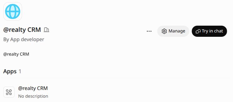 ChatGPT @realty CRM plugin page with Try in chat button