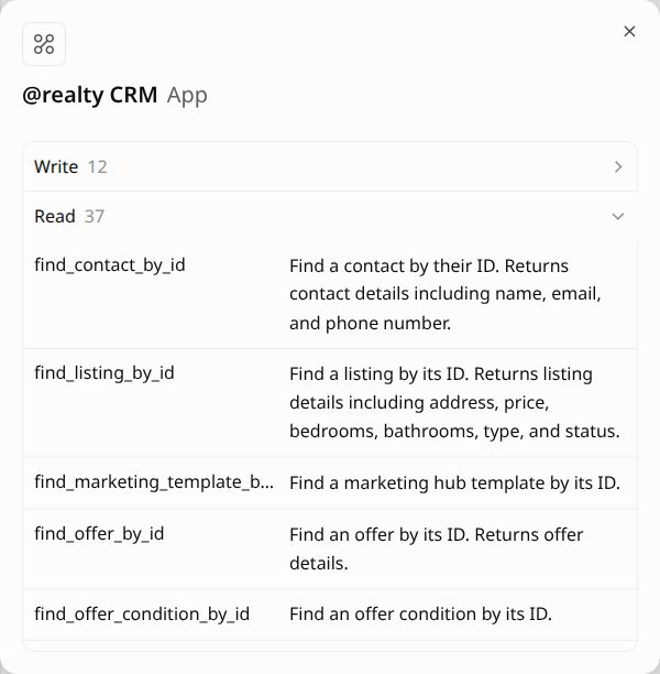 ChatGPT @realty CRM read and write tool groups with examples of lookup tools