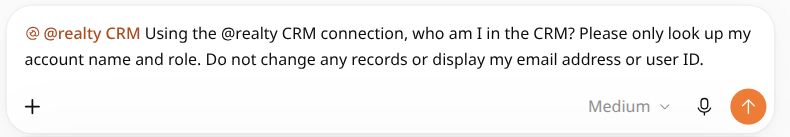 ChatGPT first CRM question with the @realty CRM plugin selected