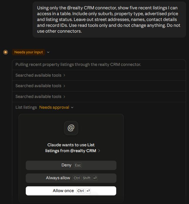 Claude listing prompt and List listings permission with Allow once
