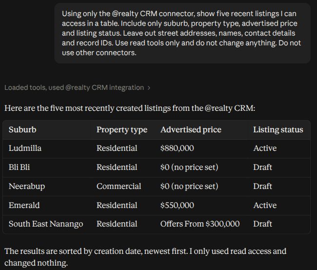 Actual Claude result showing five recent CRM listings by suburb price and status