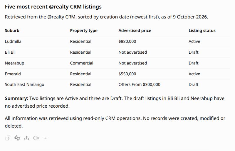 Actual ChatGPT result showing five recent CRM listings