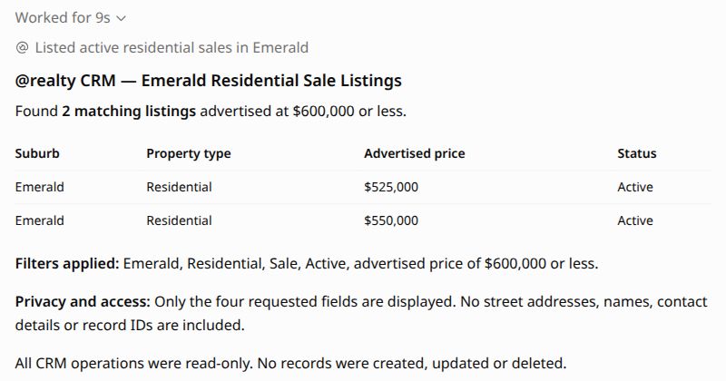 Actual ChatGPT CRM search returning two Active Emerald listings under 600000 dollars