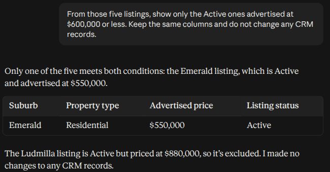 Actual Claude follow-up prompt and one matching Emerald listing