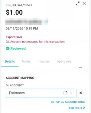 The transaction details panel, with the GL Account field and the Set up GL account rule link.