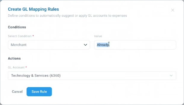 The Create GL Mapping Rules window, with a condition and a GL account chosen.