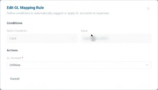 Editing a rule. The condition is locked, and only the GL Account can be changed.