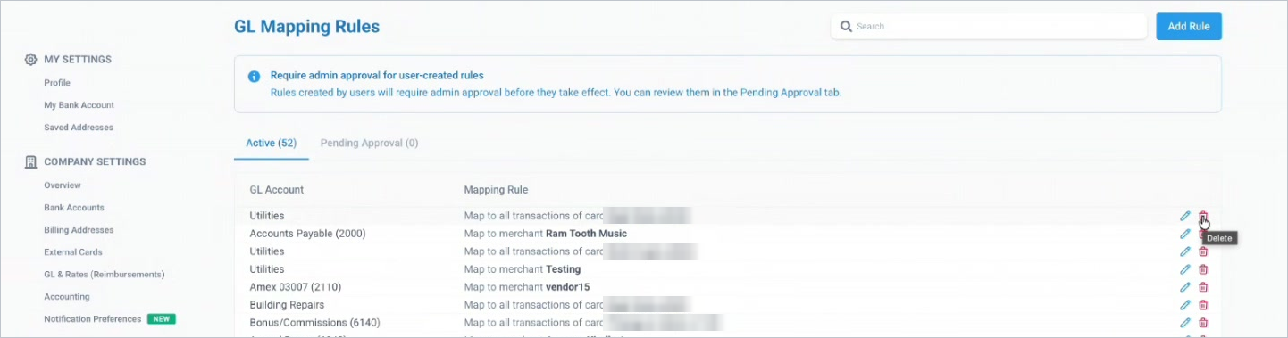 The GL Rules page: the Add Rule button, the Active and Pending Approval tabs, and the list of rules.