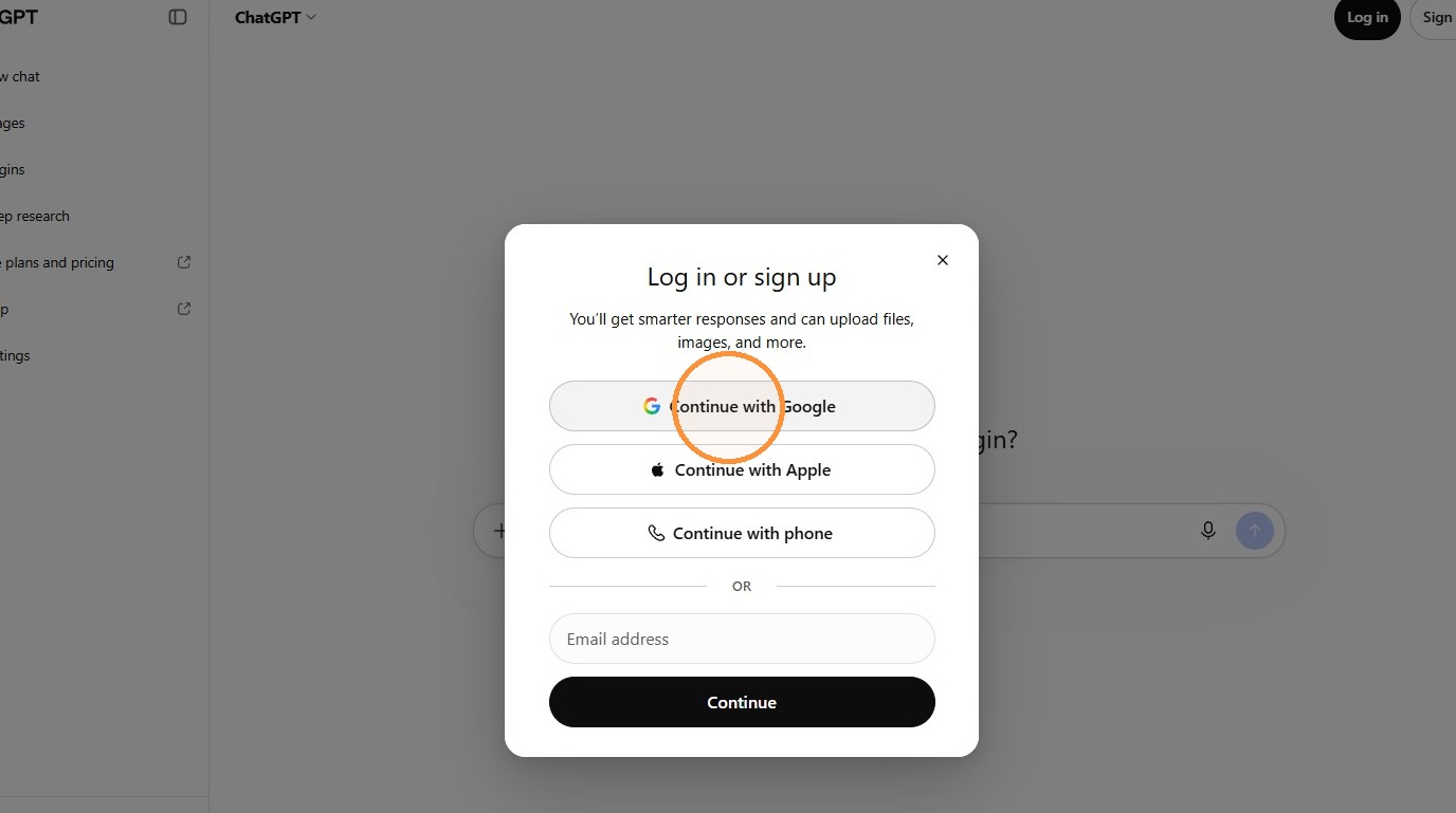 ChatGPT setup step 3: Continue with Google