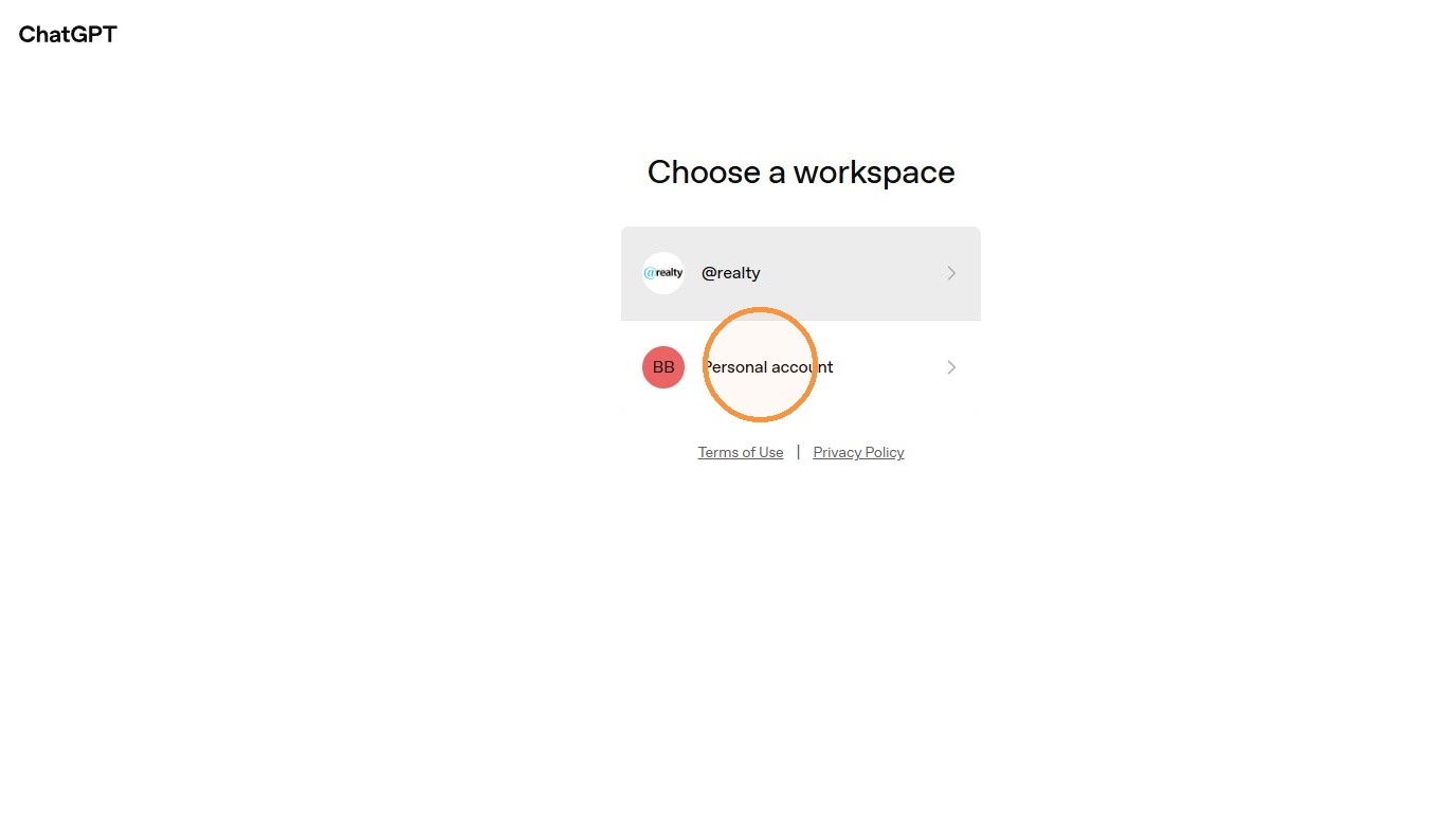 ChatGPT setup step 5: Personal account or workspace selection