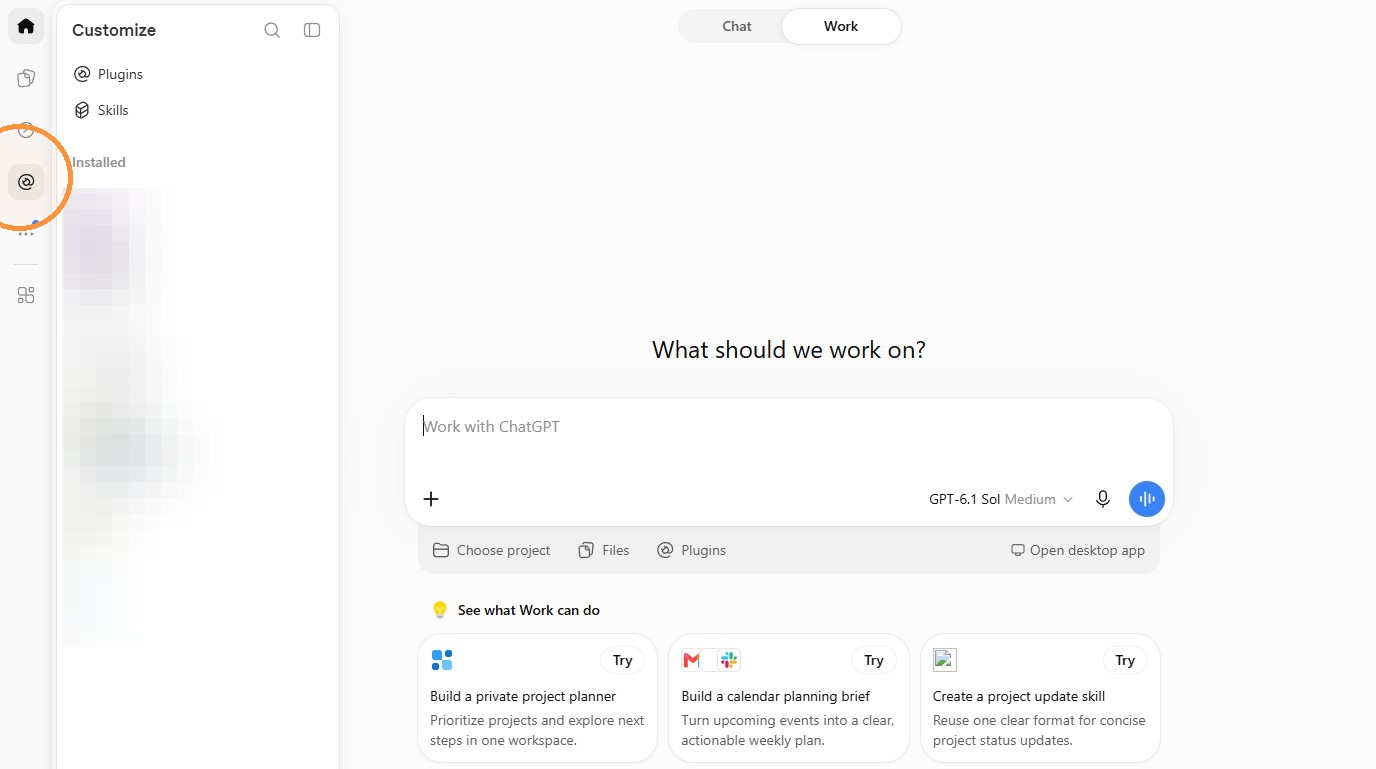 ChatGPT setup step 6: Work icon in left sidebar