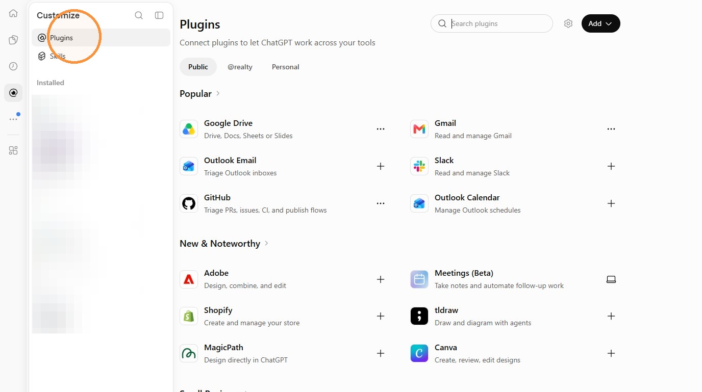 ChatGPT setup step 7: Plugins menu
