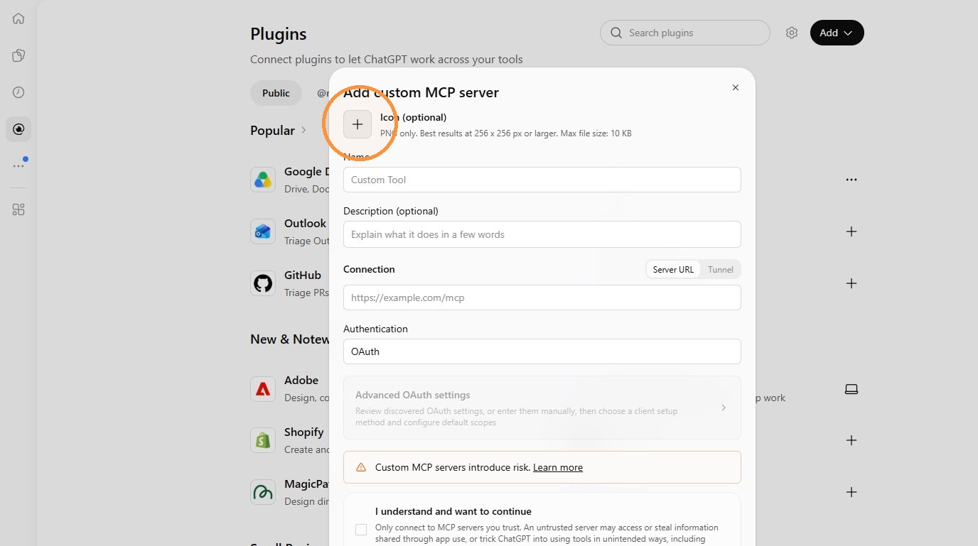 ChatGPT setup step 10: Optional icon upload
