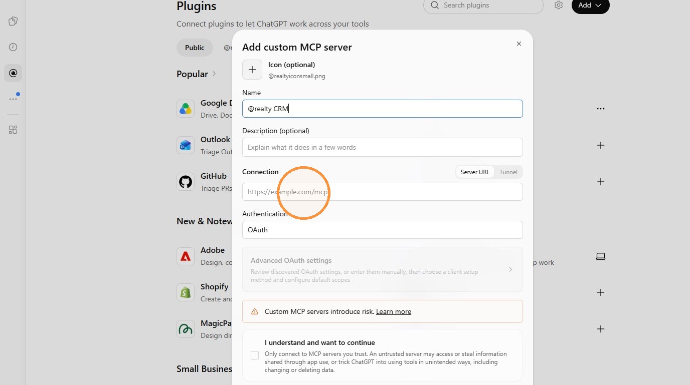 ChatGPT setup step 12: Server URL field and OAuth