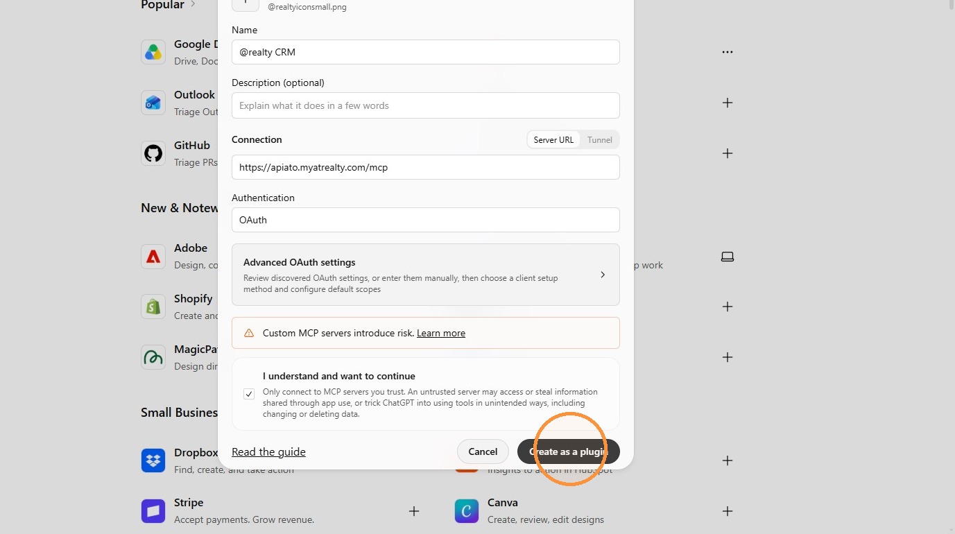 ChatGPT setup step 14: Create as a plugin button