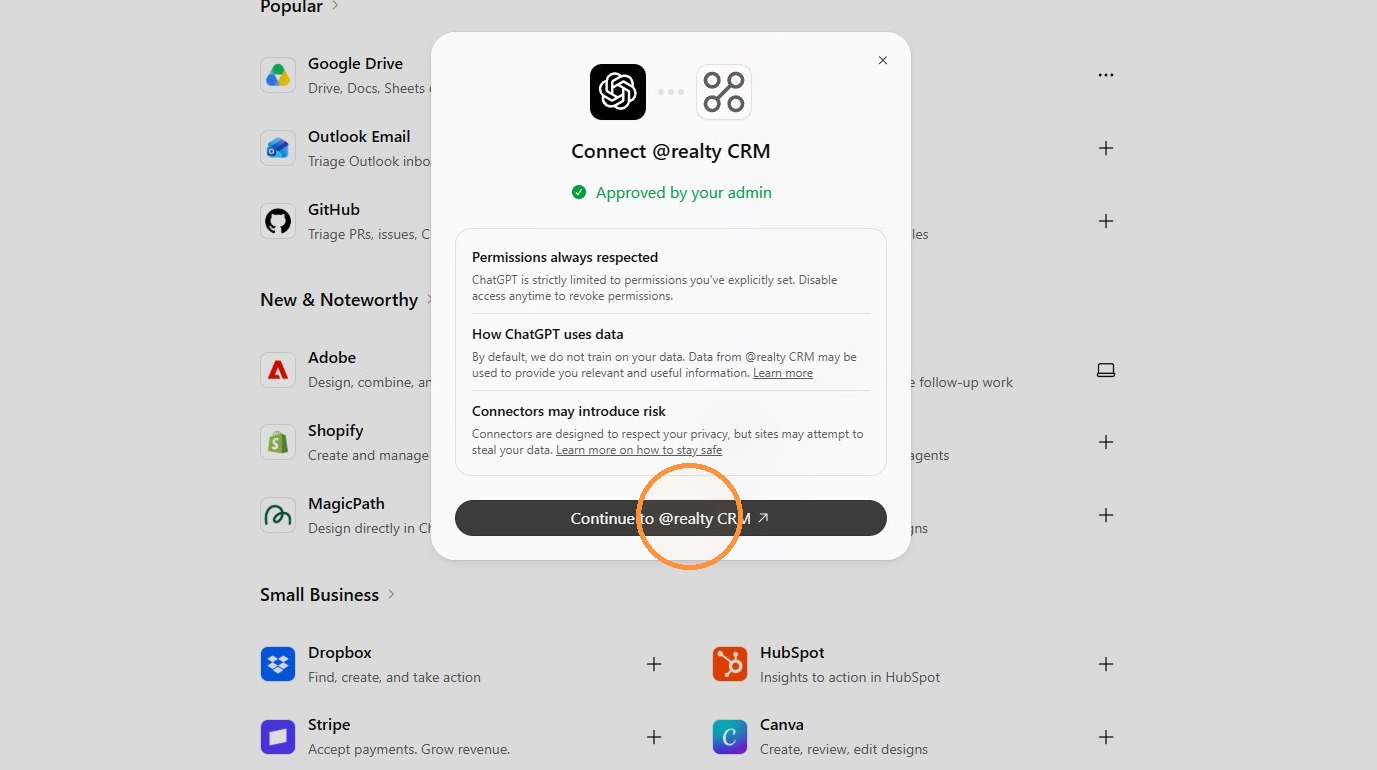 ChatGPT setup step 15: Continue to realty CRM button