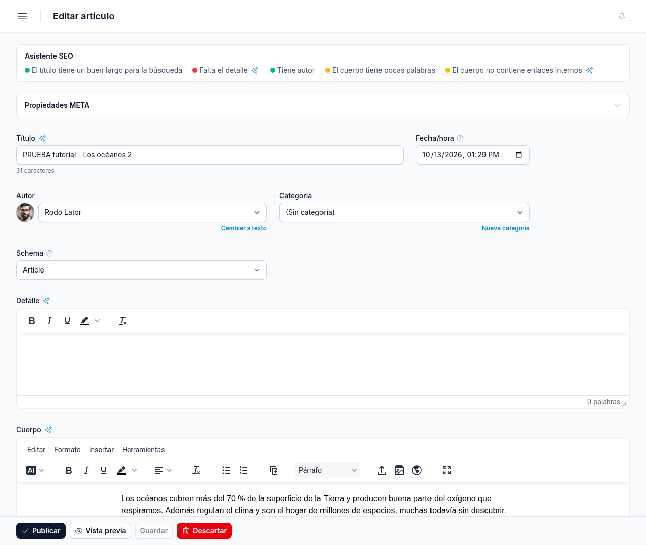 Editor del artículo con el Asistente SEO, Propiedades META, Título, Fecha/hora, Autor, Categoría, Schema, Detalle y Cuerpo