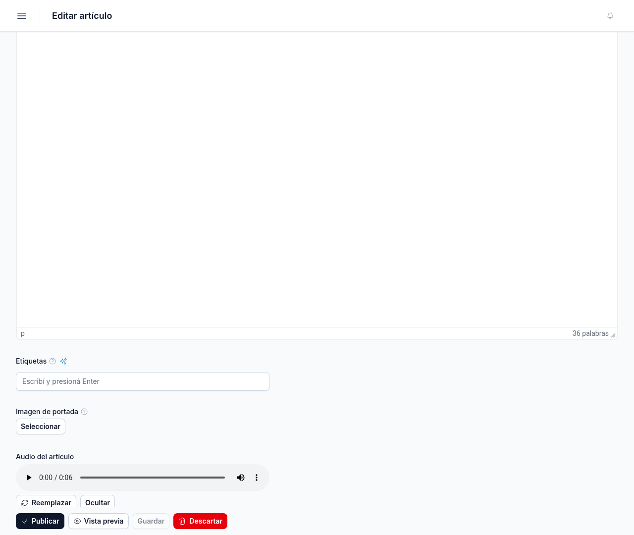Parte baja del editor con Etiquetas, Imagen de portada con el botón Seleccionar y Audio del artículo