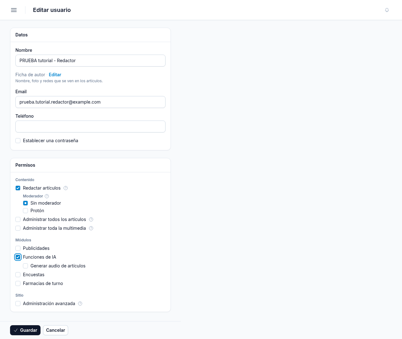Ficha de usuario con los permisos agrupados en Contenido, Módulos y Sitio, Redactar artículos tildado con la opción Moderador y Funciones de IA con Generar audio de artículos